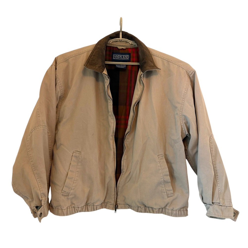 VTG Lands End Y2K Mens Large Tan Utility Jacket Leather Collar Plaid Lined READ